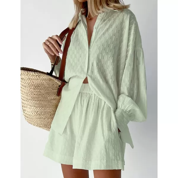 Flygo Womens Casual 2 Piece Outfits Puff Sleeve Button Down Blouse High Waisted Shorts Set
