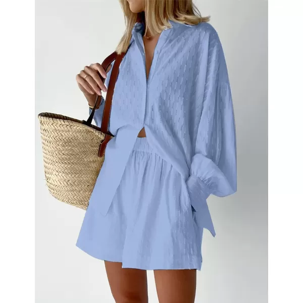 Flygo Womens Casual 2 Piece Outfits Puff Sleeve Button Down Blouse High Waisted Shorts Set
