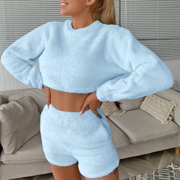 Flygo Womens Cozy Flannel Fleece Pajamas Sets Sherpa Soft Crop Top Shorts Loungewear Sleepwear