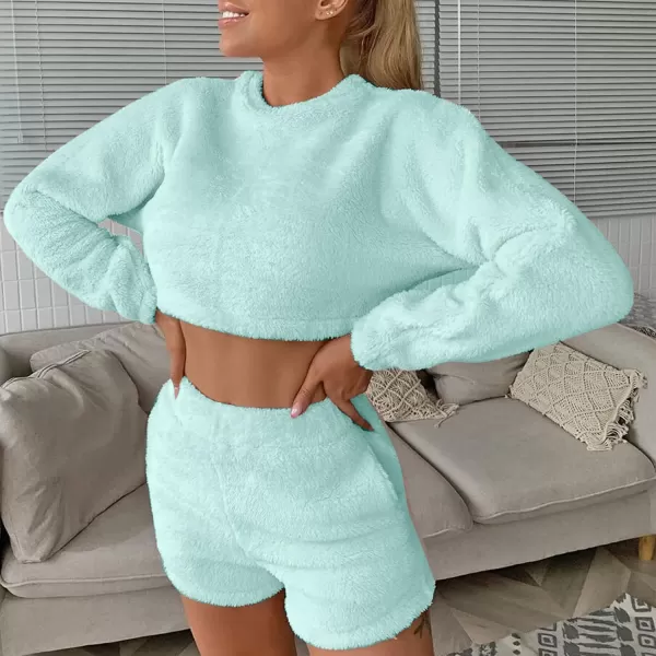 Flygo Womens Cozy Flannel Fleece Pajamas Sets Sherpa Soft Crop Top Shorts Loungewear Sleepwear