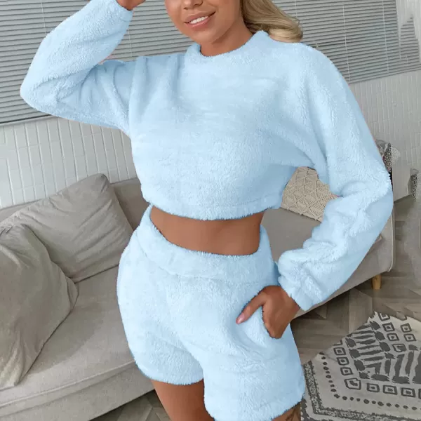 Flygo Womens Cozy Flannel Fleece Pajamas Sets Sherpa Soft Crop Top Shorts Loungewear Sleepwear