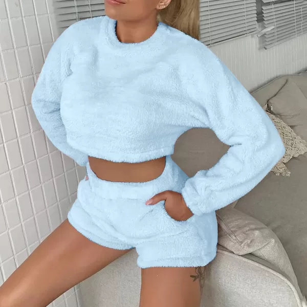 Flygo Womens Cozy Flannel Fleece Pajamas Sets Sherpa Soft Crop Top Shorts Loungewear Sleepwear