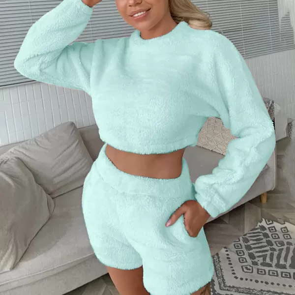 Flygo Womens Cozy Flannel Fleece Pajamas Sets Sherpa Soft Crop Top Shorts Loungewear Sleepwear