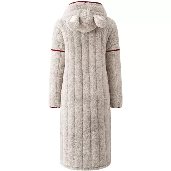 Flygo Women's Cute Winter Thick Hooded Zipper Flannel Bathrobe Mid Long Sleepwear