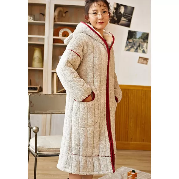 Flygo Women's Cute Winter Thick Hooded Zipper Flannel Bathrobe Mid Long Sleepwear
