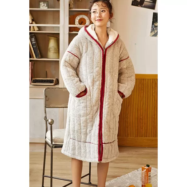 Flygo Women's Cute Winter Thick Hooded Zipper Flannel Bathrobe Mid Long Sleepwear