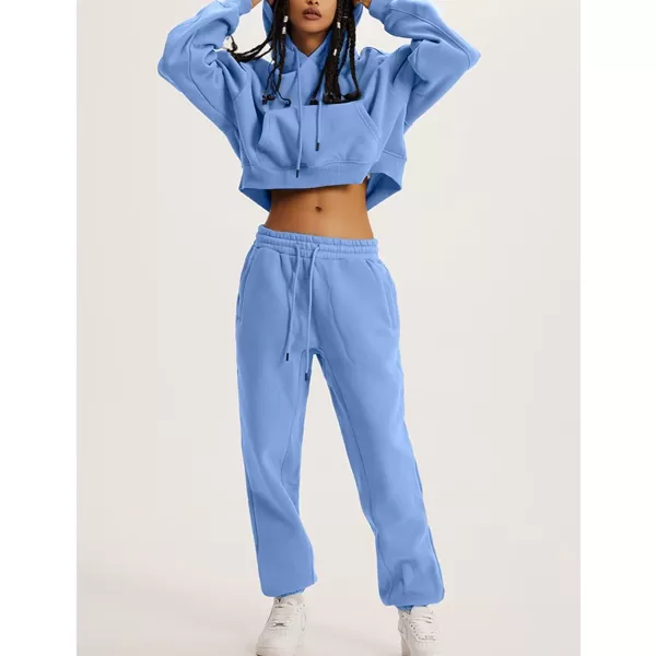 Flygo Womens Fleece 2 Piece Outfits Sweatsuit Crop Pullover Sweatshirt Joggers Pants Tracksuit Set