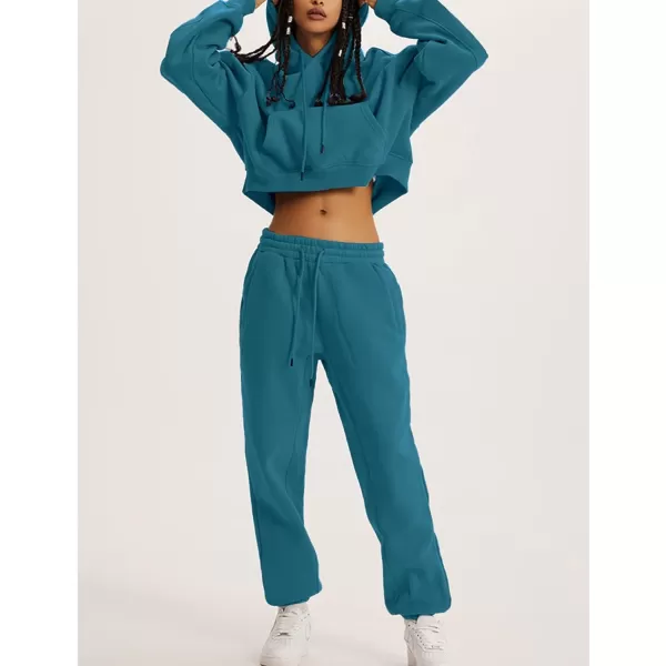 Flygo Womens Fleece 2 Piece Outfits Sweatsuit Crop Pullover Sweatshirt Joggers Pants Tracksuit Set