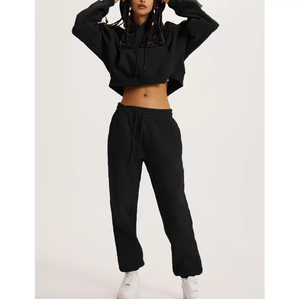 Flygo Womens Fleece 2 Piece Outfits Sweatsuit Crop Pullover Sweatshirt Joggers Pants Tracksuit Set