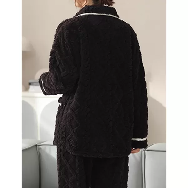 Flygo Women's Fluffy Pajama Sets Fleece Warm Lapel Top and Pant Sleepwear Loungewear