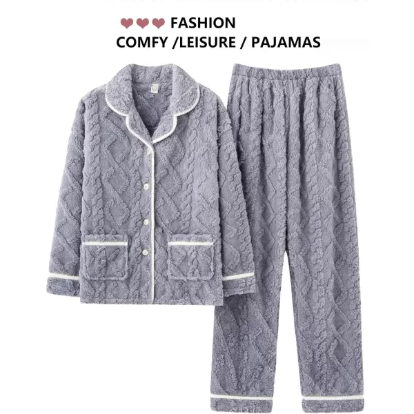 Flygo Women's Fluffy Pajama Sets Fleece Warm Lapel Top and Pant Sleepwear Loungewear