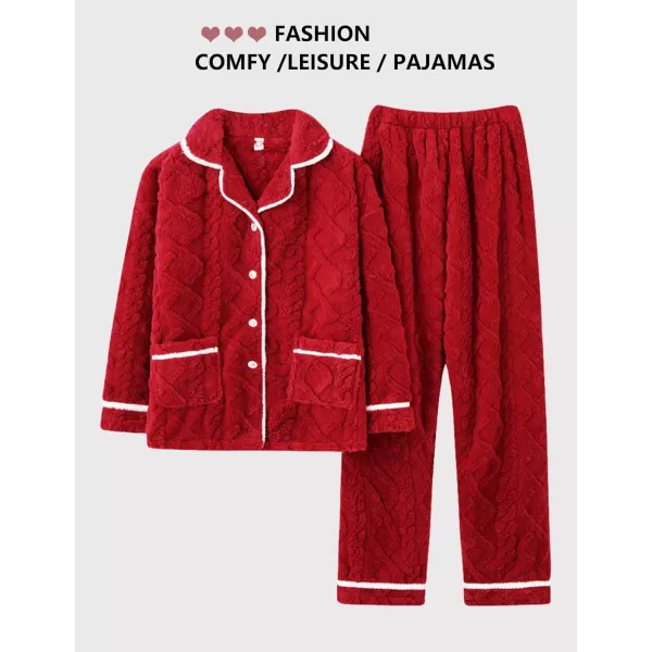 Flygo Women's Fluffy Pajama Sets Fleece Warm Lapel Top and Pant Sleepwear Loungewear