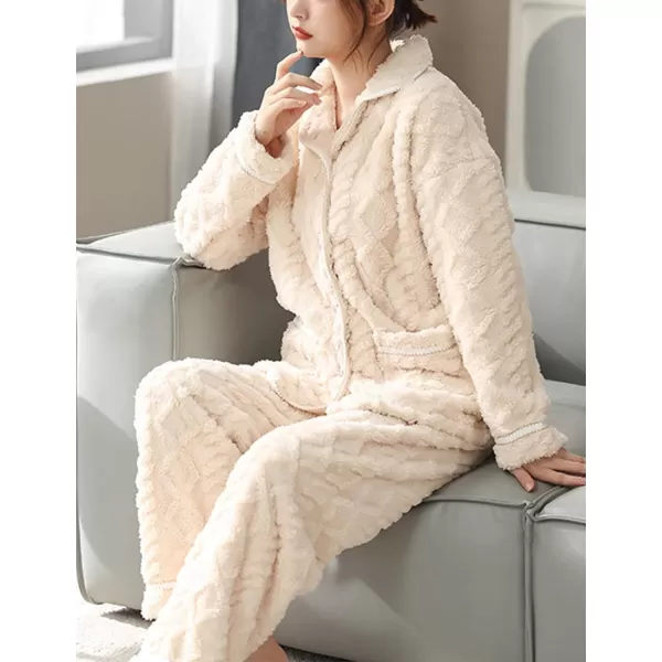 Flygo Women's Fluffy Pajama Sets Fleece Warm Lapel Top and Pant Sleepwear Loungewear