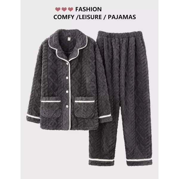 Flygo Women's Fluffy Pajama Sets Fleece Warm Lapel Top and Pant Sleepwear Loungewear