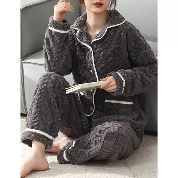 Flygo Women's Fluffy Pajama Sets Fleece Warm Lapel Top and Pant Sleepwear Loungewear