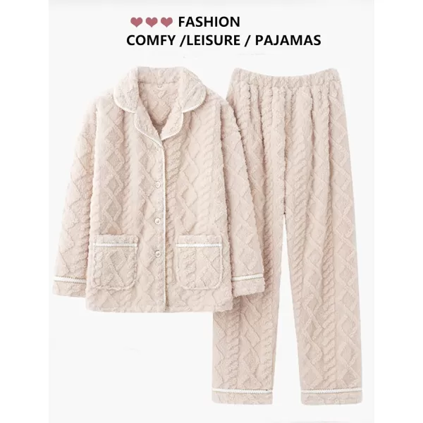 Flygo Women's Fluffy Pajama Sets Fleece Warm Lapel Top and Pant Sleepwear Loungewear