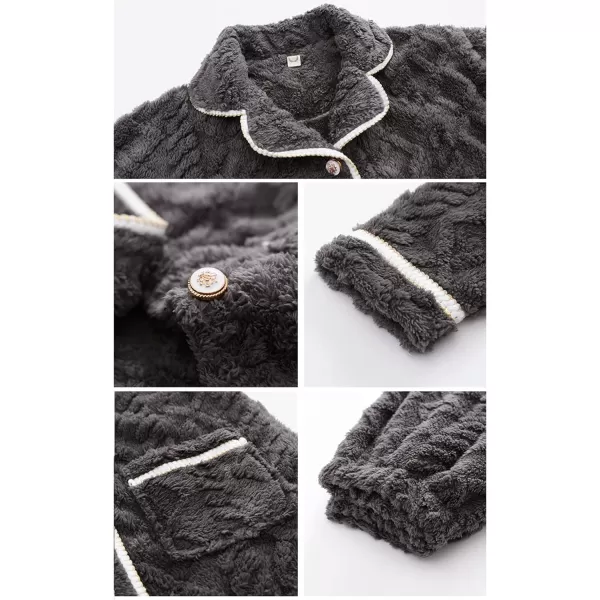 Flygo Women's Fluffy Pajama Sets Fleece Warm Lapel Top and Pant Sleepwear Loungewear