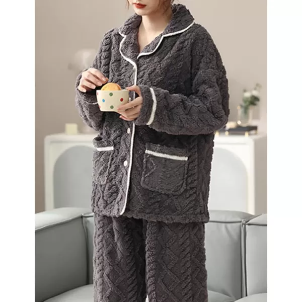 Flygo Women's Fluffy Pajama Sets Fleece Warm Lapel Top and Pant Sleepwear Loungewear