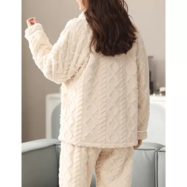 Flygo Women's Fluffy Pajama Sets Fleece Warm Lapel Top and Pant Sleepwear Loungewear