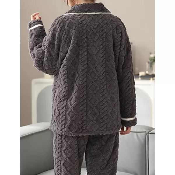 Flygo Women's Fluffy Pajama Sets Fleece Warm Lapel Top and Pant Sleepwear Loungewear