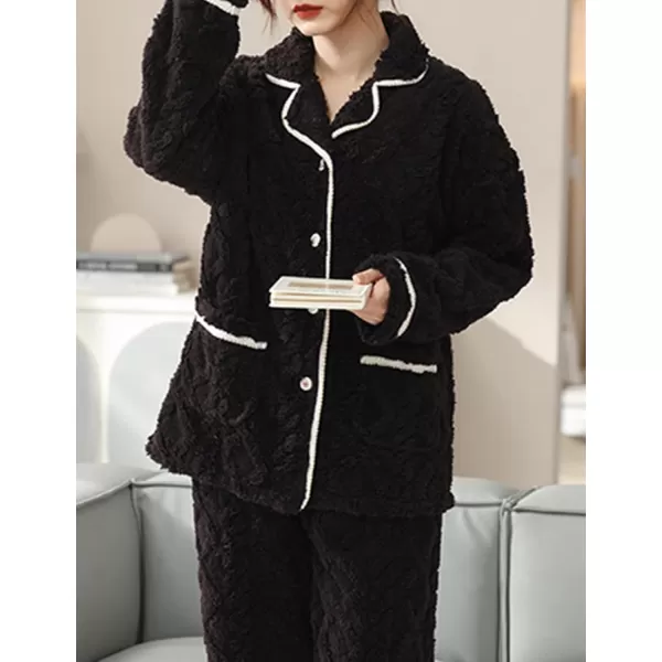 Flygo Women's Fluffy Pajama Sets Fleece Warm Lapel Top and Pant Sleepwear Loungewear
