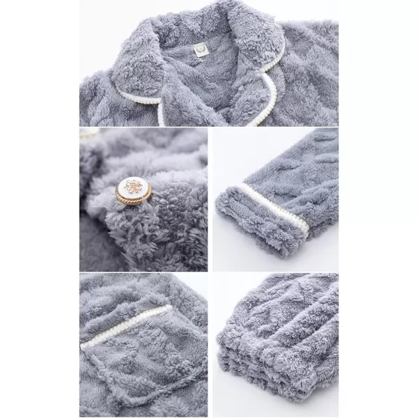 Flygo Women's Fluffy Pajama Sets Fleece Warm Lapel Top and Pant Sleepwear Loungewear