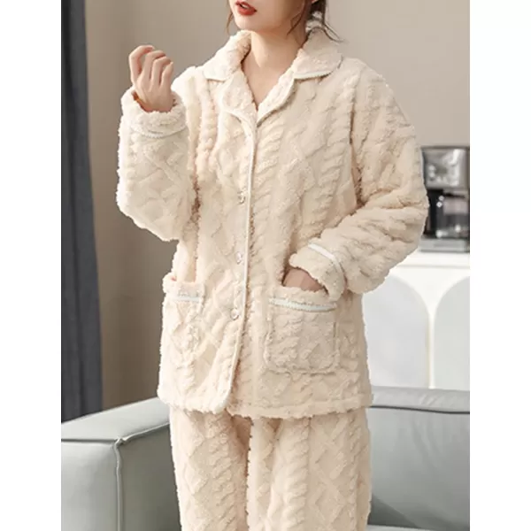 Flygo Women's Fluffy Pajama Sets Fleece Warm Lapel Top and Pant Sleepwear Loungewear