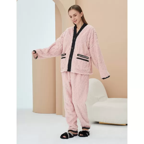 Flygo Women's Fluffy Pajama Sets Plush Fleece Tops Pants Loose Fuzzy Sleepwear Loungewear