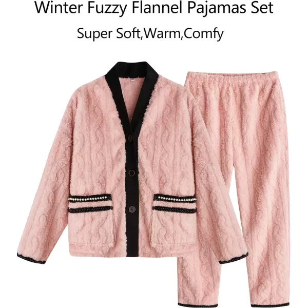 Flygo Women's Fluffy Pajama Sets Plush Fleece Tops Pants Loose Fuzzy Sleepwear Loungewear