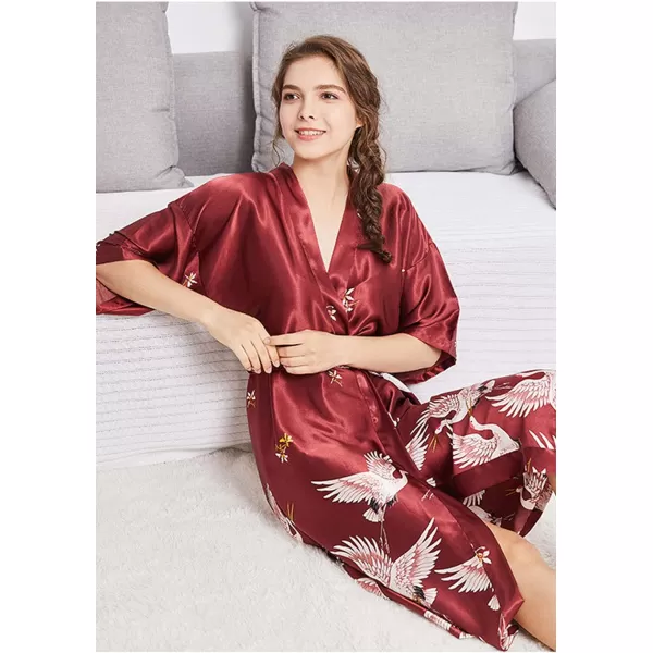 Flygo Women's Kimono Robe Bridesmaid Satin Bathrobe Peacock