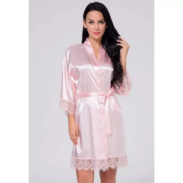 Flygo Women's Lace Trim Satin Kimono Bathrobe Short Sleepgown Nightwear