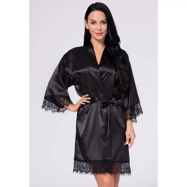 Flygo Women's Lace Trim Satin Kimono Bathrobe Short Sleepgown Nightwear