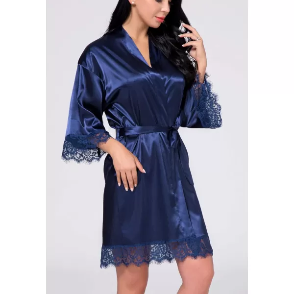 Flygo Women's Lace Trim Satin Kimono Bathrobe Short Sleepgown Nightwear