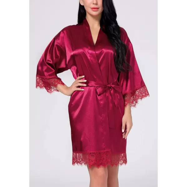 Flygo Women's Lace Trim Satin Kimono Bathrobe Short Sleepgown Nightwear