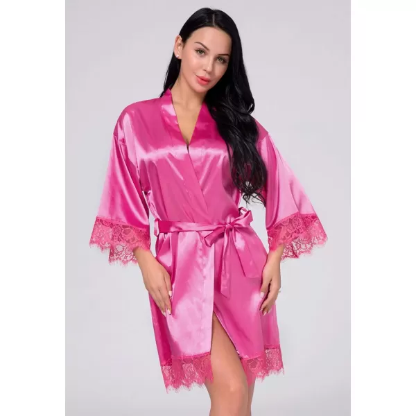Flygo Women's Lace Trim Satin Kimono Bathrobe Short Sleepgown Nightwear