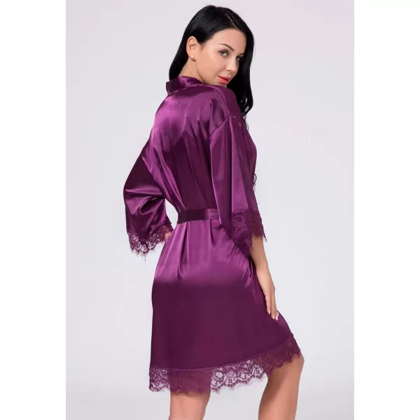 Flygo Women's Lace Trim Satin Kimono Bathrobe Short Sleepgown Nightwear