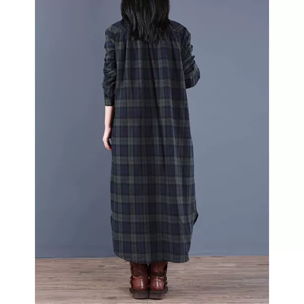 Flygo Women's Long Sleeve Button Plaid Long Shirt Loose Casual Midi Dress Sleepwear