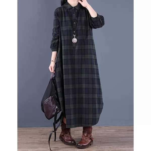 Flygo Women's Long Sleeve Button Plaid Long Shirt Loose Casual Midi Dress Sleepwear