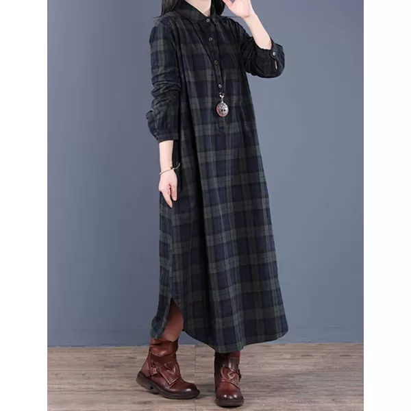 Flygo Women's Long Sleeve Button Plaid Long Shirt Loose Casual Midi Dress Sleepwear