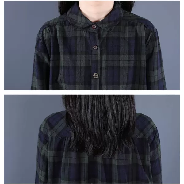 Flygo Women's Long Sleeve Button Plaid Long Shirt Loose Casual Midi Dress Sleepwear