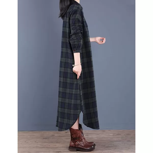 Flygo Women's Long Sleeve Button Plaid Long Shirt Loose Casual Midi Dress Sleepwear
