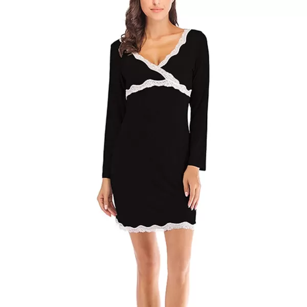 Flygo Women's Long Sleeve Short Modal Sleepwear V-Neck Lace Trimed Nightgowns