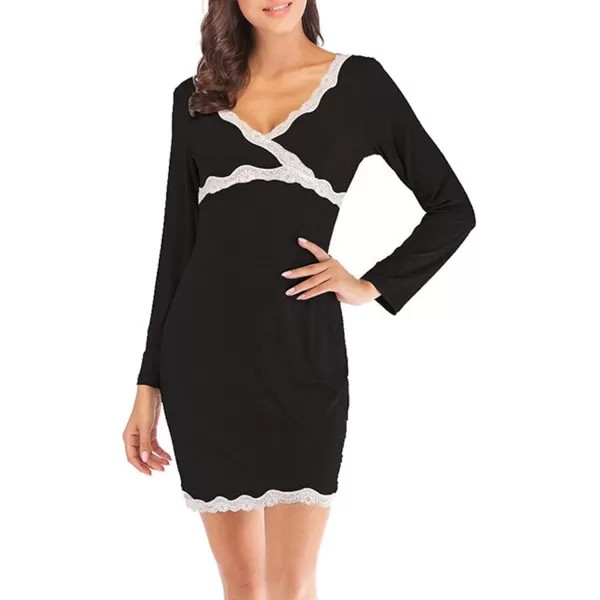 Flygo Women's Long Sleeve Short Modal Sleepwear V-Neck Lace Trimed Nightgowns