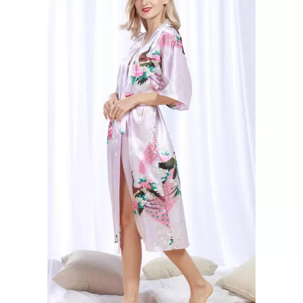Flygo Womens Printed Satin Long Kimono Robe Bathrobe with Peacock &amp; Floral