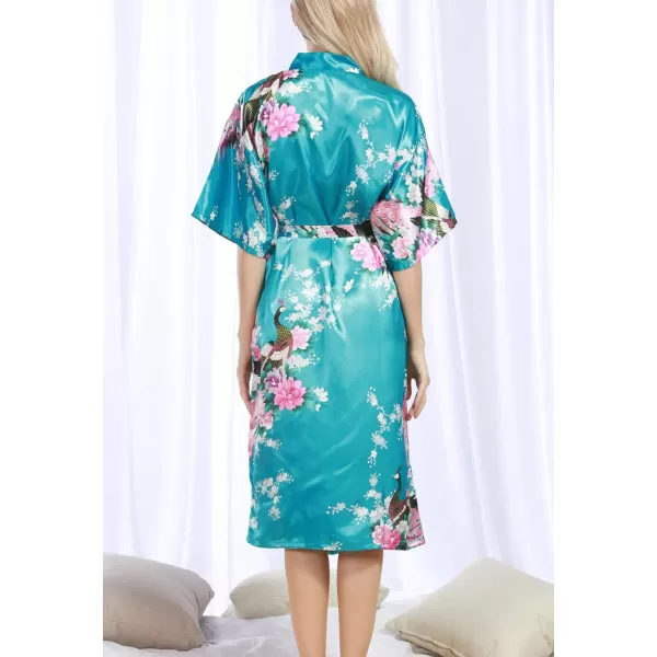 Flygo Womens Printed Satin Long Kimono Robe Bathrobe with Peacock &amp; Floral