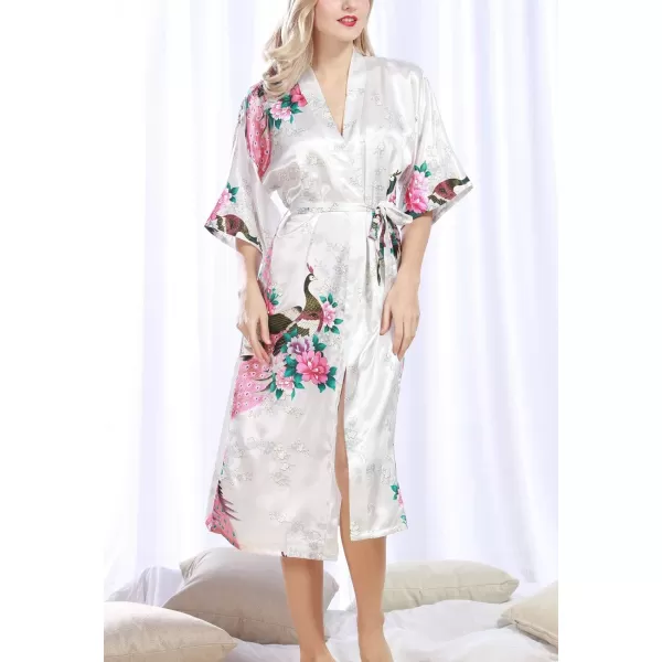 Flygo Womens Printed Satin Long Kimono Robe Bathrobe with Peacock &amp; Floral