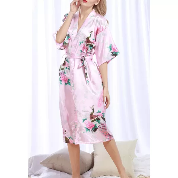 Flygo Womens Printed Satin Long Kimono Robe Bathrobe with Peacock &amp; Floral
