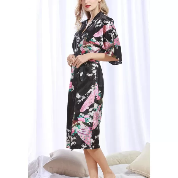 Flygo Womens Printed Satin Long Kimono Robe Bathrobe with Peacock &amp; Floral