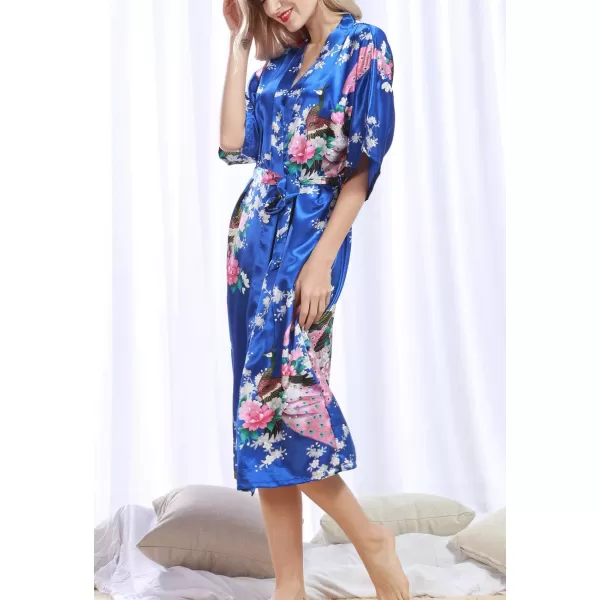 Flygo Womens Printed Satin Long Kimono Robe Bathrobe with Peacock &amp; Floral