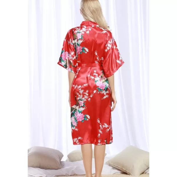 Flygo Womens Printed Satin Long Kimono Robe Bathrobe with Peacock &amp; Floral